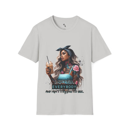 Gray t-shirt with a graphic of a woman holding a drink and text on a white background