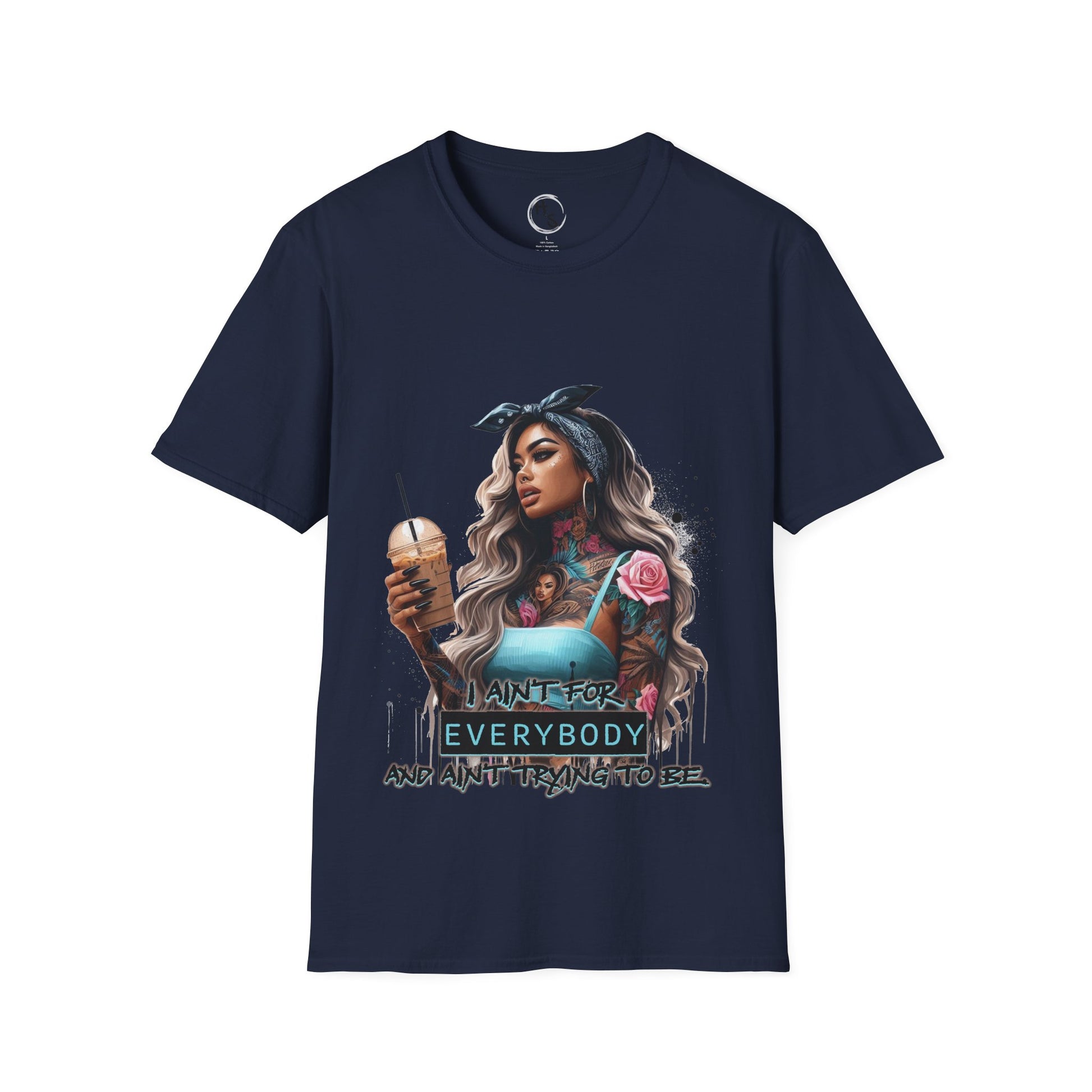 Navy blue t-shirt with a graphic design of a woman holding a drink on a white background