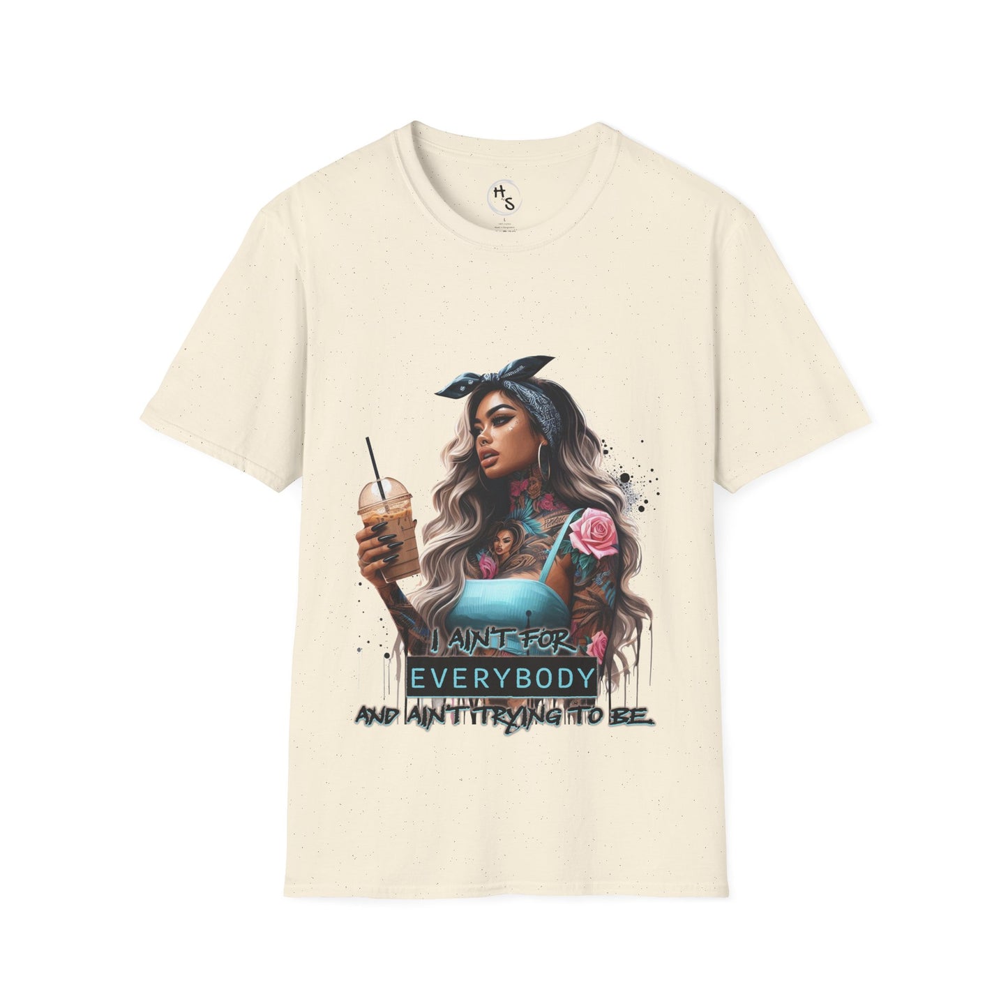 Beige t-shirt with a graphic of a woman holding a drink and text on a white background