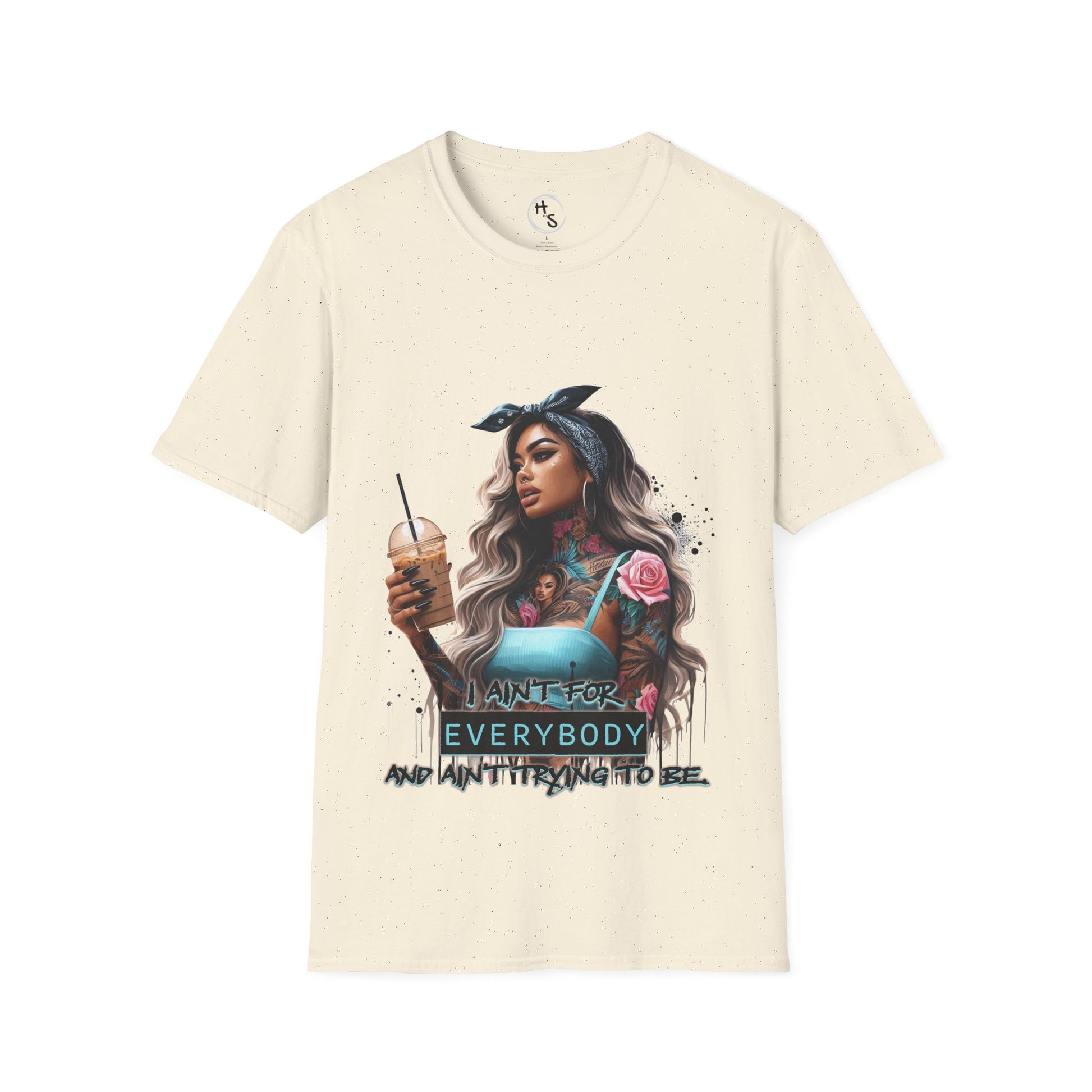 Beige t-shirt with a graphic of a woman holding a drink and text on a white background