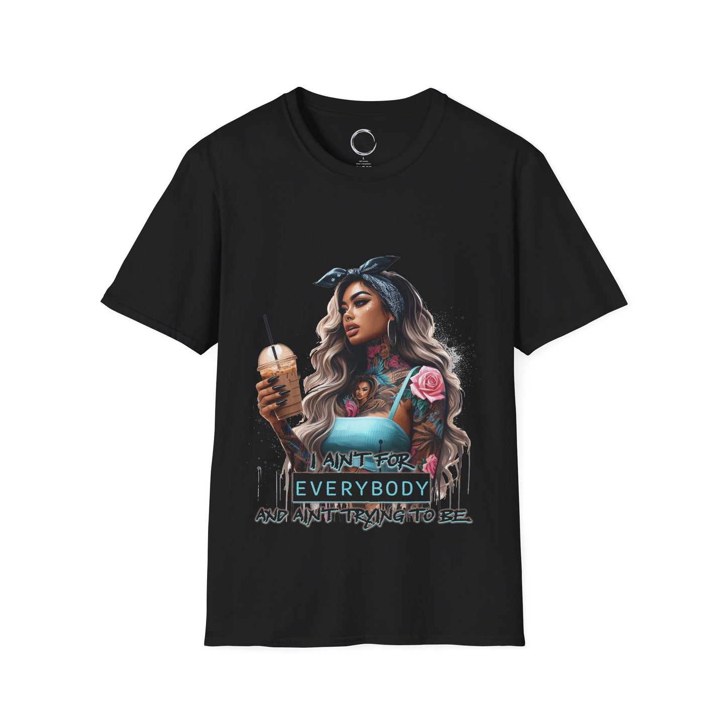 Black t-shirt with a graphic design of a woman holding a drink on a white background