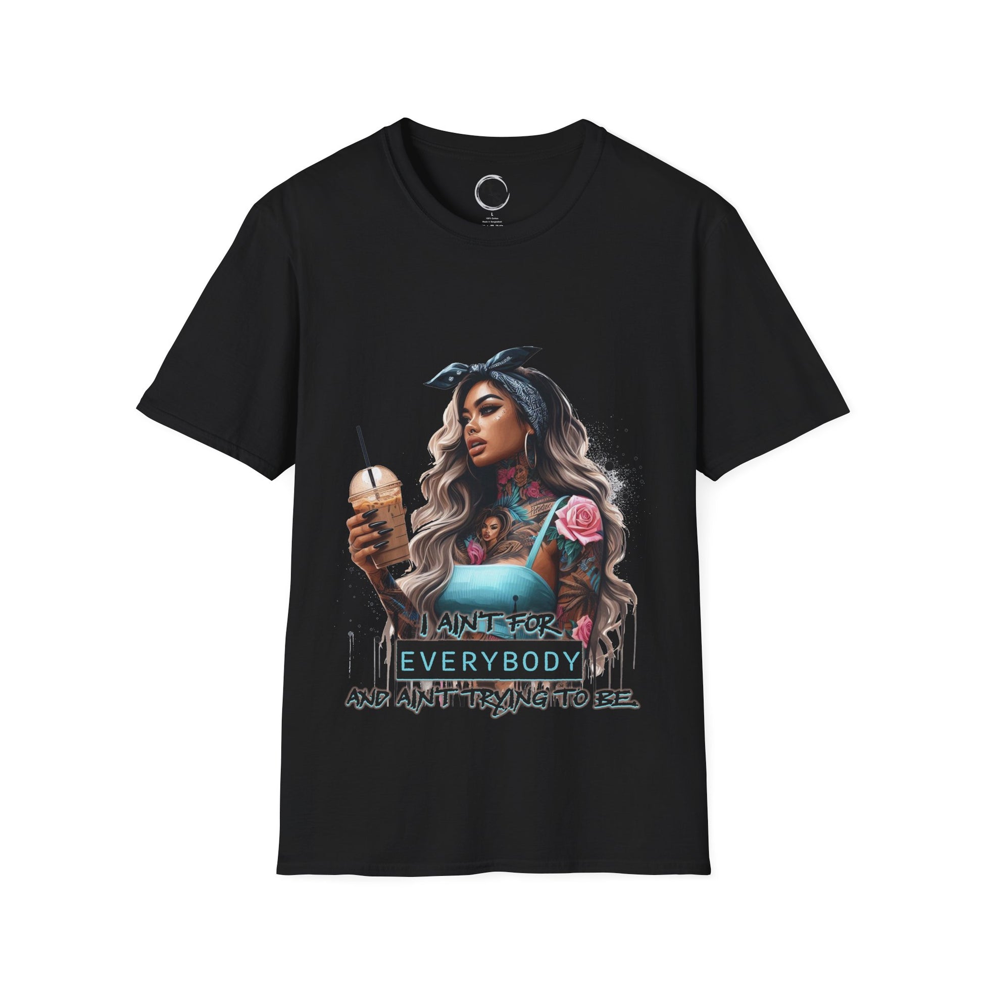 Black t-shirt with a graphic design of a woman holding a drink on a white background