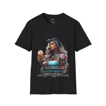 Black t-shirt with a graphic design of a woman holding a drink on a white background
