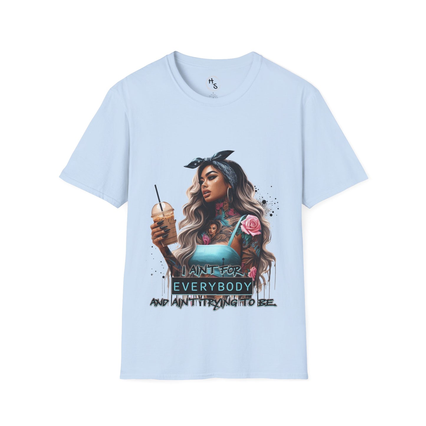 Light blue t-shirt with a graphic of a woman holding a drink and text on a white background
