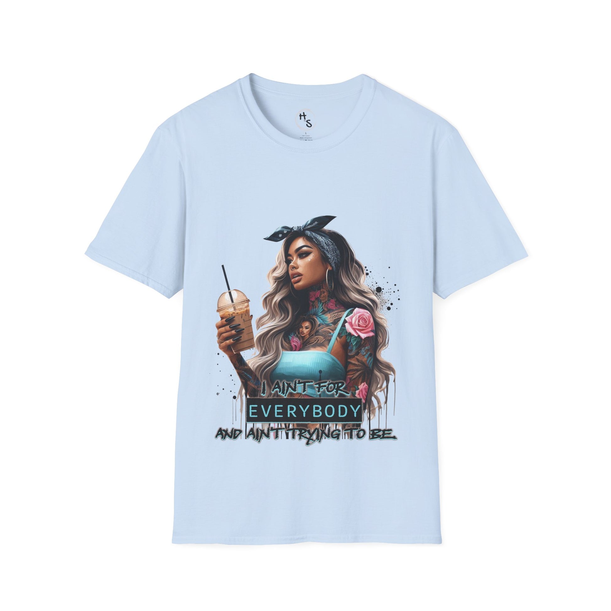 Light blue t-shirt with a graphic of a woman holding a drink and text on a white background