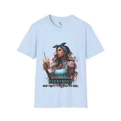Light blue t-shirt with a graphic of a woman holding a drink and text on a white background