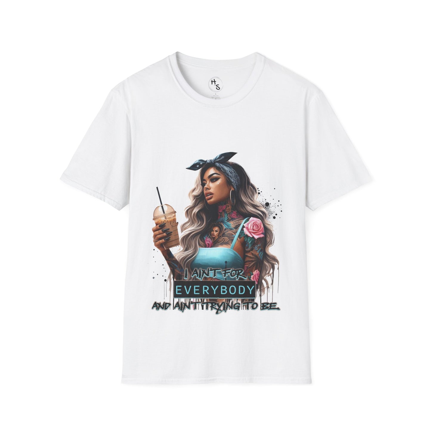 White t-shirt with a graphic of a woman holding a drink and text on a white background